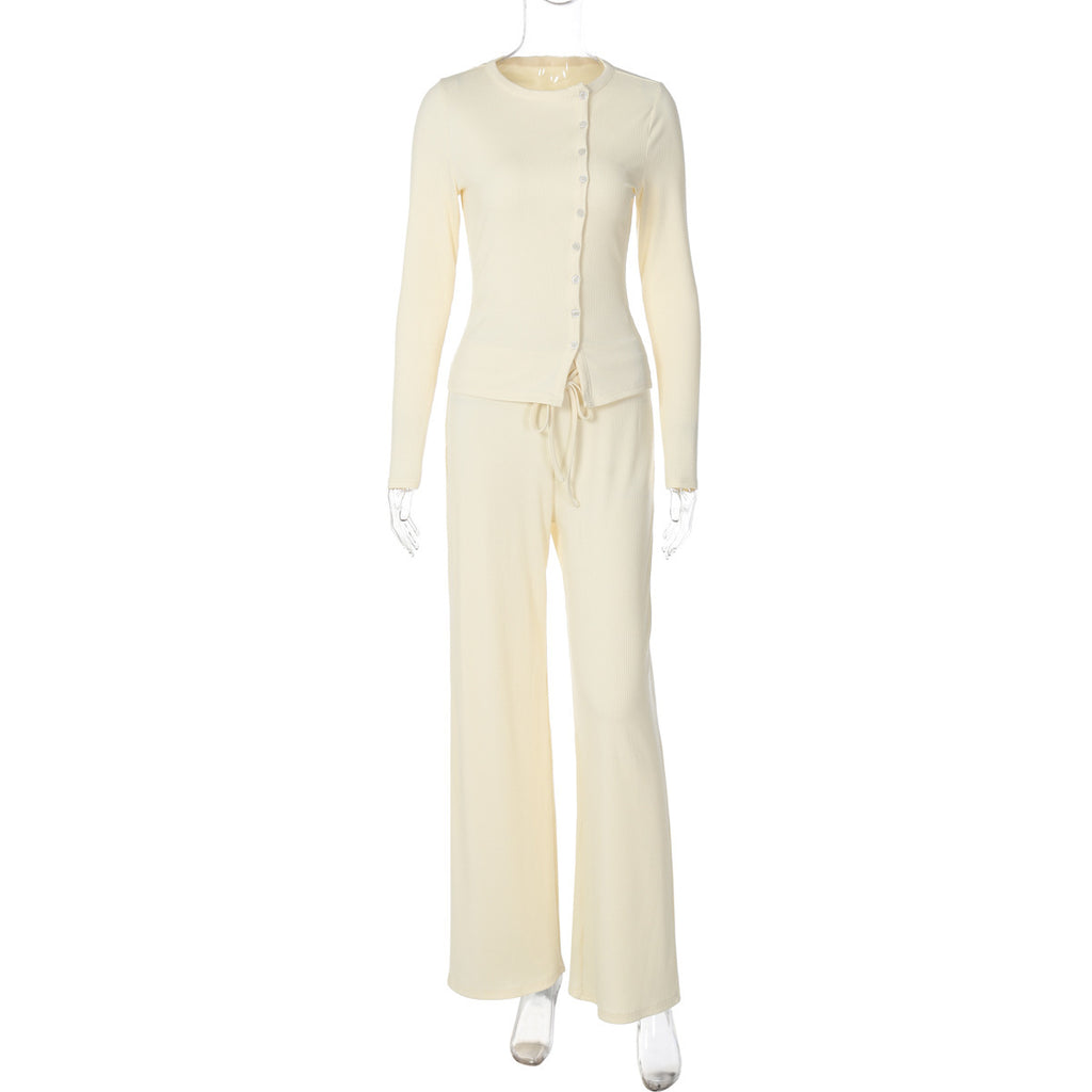 Cardigan Long-sleeved Top Casual Lace Up Trousers Two-piece Set