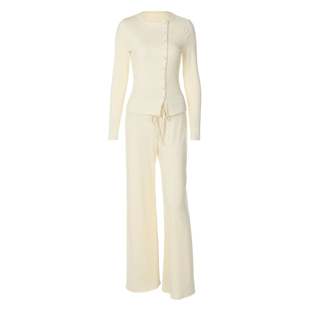 Cardigan Long-sleeved Top Casual Lace Up Trousers Two-piece Set